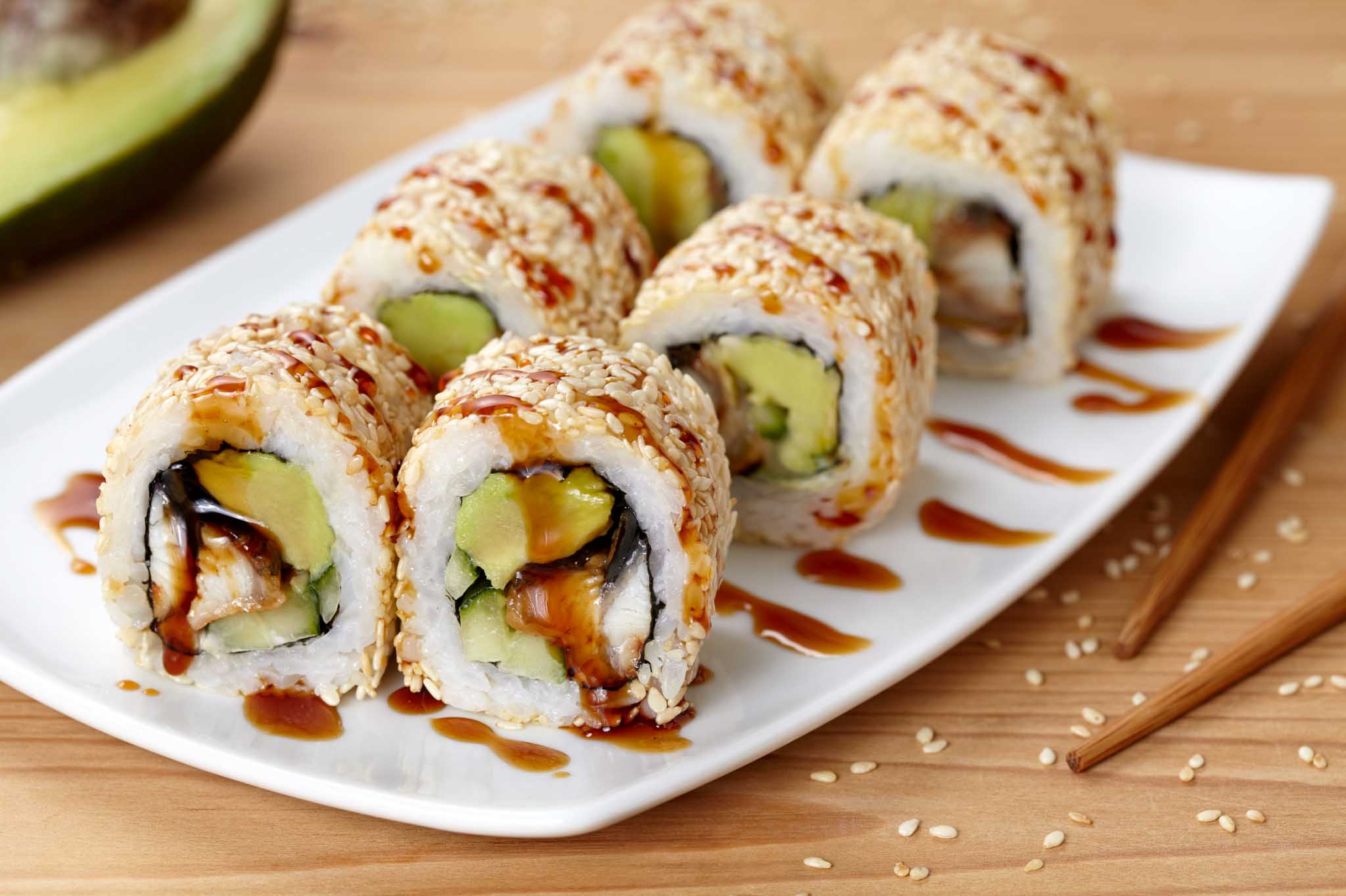 Fresh california rolls with avocado at The Real Food Academy Miami.