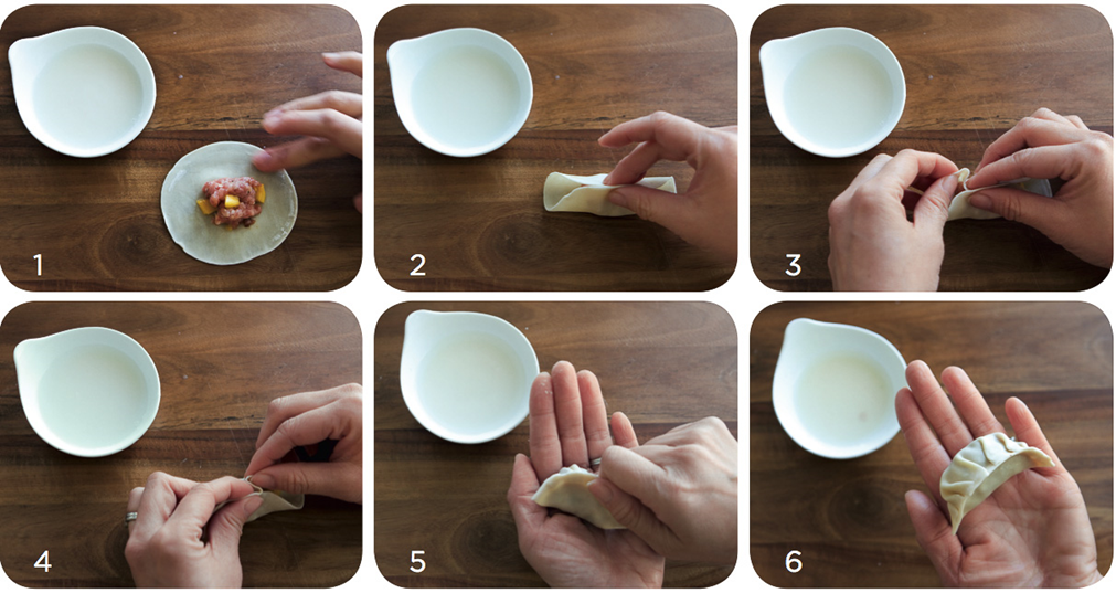 A demonstrative series of pictures for a vegetable dumplings recipe showing how to fold dumplings.