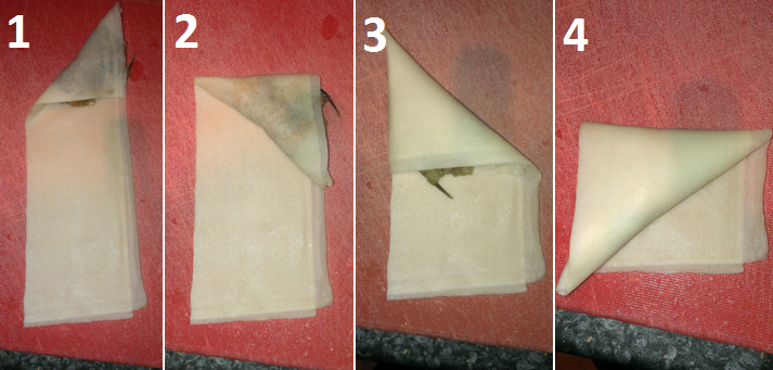 A demonstrative picture showing how to fold samosas for The Real Food Academy's potato samosas with mango recipe.