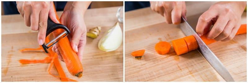 An instructional image of a The Real Food Academy professional peeling and chopping a carrot.