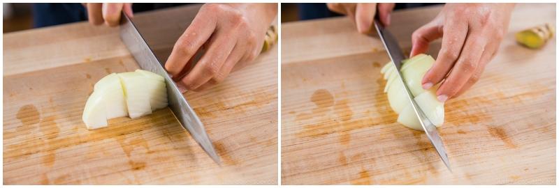 An picture of a chef from The Real Food Academy Miami chopping an onion.