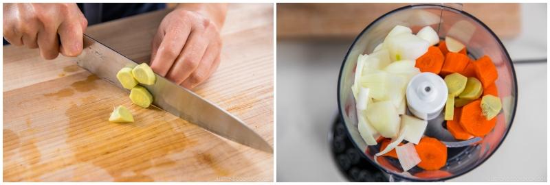 An instructional image of a The Real Food Academy Miami chef chopping ginger and putting veggies into a blender for a salad with carrot ginger dressing recipe.